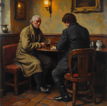 Two men, one elderly and one younger, sit at a cozy wooden table in a dimly lit, old-world pub, enjoying drinks and