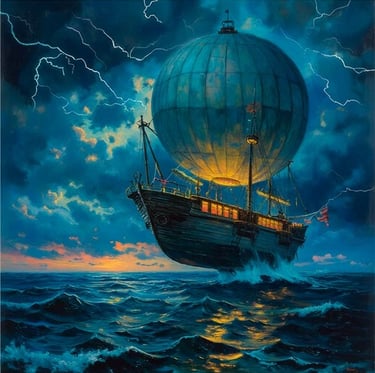 Digital fantasy painting of a steampunk airship sailing through a stormy night sky with lightning.