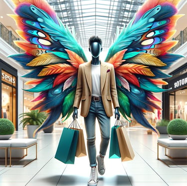 men with shopping with wings as fairy