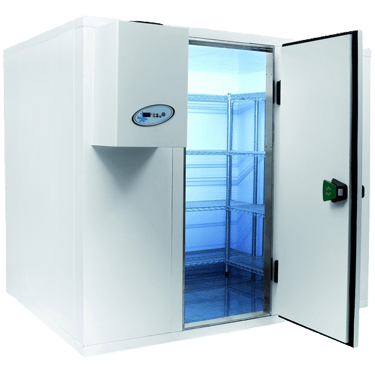 Commercial walk-in cooler with open door revealing interior wire shelving and refrigeration unit.