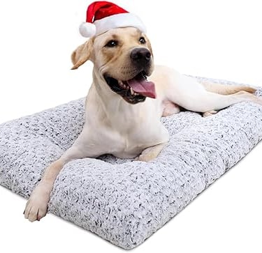 Dog Bed with a dog laying on it wearing a Santa hat