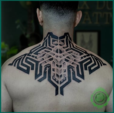 Geometric maze pattern tattoo done by MaxDuong Tattoo in Da Nang