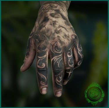Hand and Finger Black Pattern Tattoo by Max Duong Tattoo Da Nang
