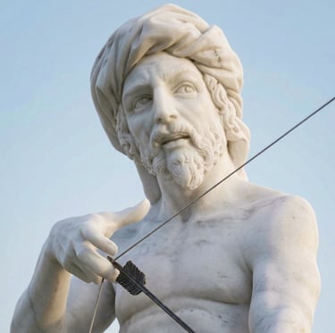 White marble statue of a Muslim archer with a traditional bow and arrow in a challenging stance