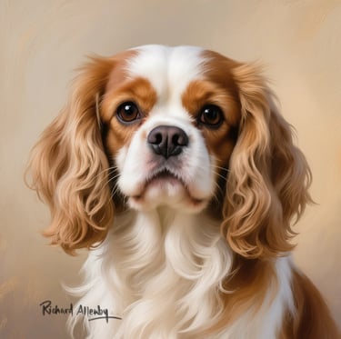 A pet portrait of a King Charles Spaniel dog called Bonnie, painted in oils