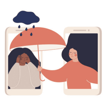 a woman holding an umbrella to another woman between cellphone screens