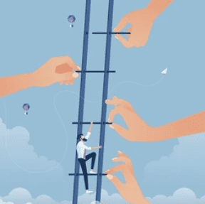 a man climbing a ladder with hands putting the rungs gradually