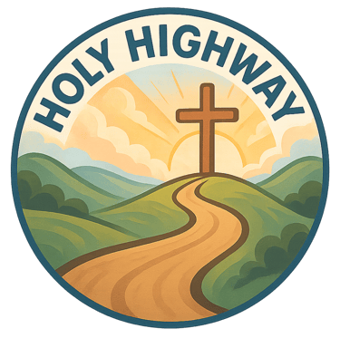 Cartoon logo of the Holy Highway with a country road that leads to the cross.