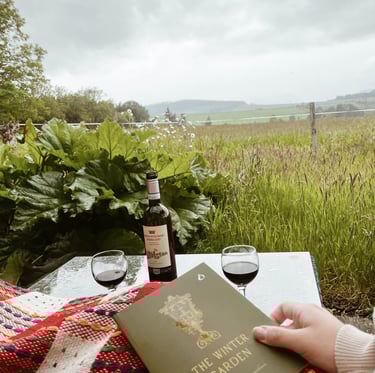 Reading The Winter Garden Poetry Book in the patio with wine