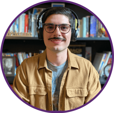 a man with headphones and headphones on a bookshelf