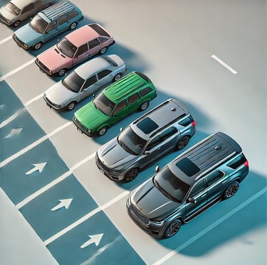 Top-view of six cars progressing from basic hatchback to luxury SUV, symbolizing vehicle aspirations