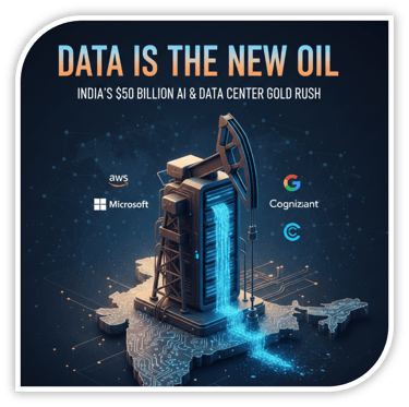 Digital oil pump on India map pouring data for AWS, Microsoft, Cognizant & Google.