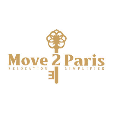 Move 2 Paris logo featuring a gold skeleton key and relocation simplified text on a black background.