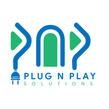 Plug N Play Solutions logo featuring blue and green electric plug icons on a black background.