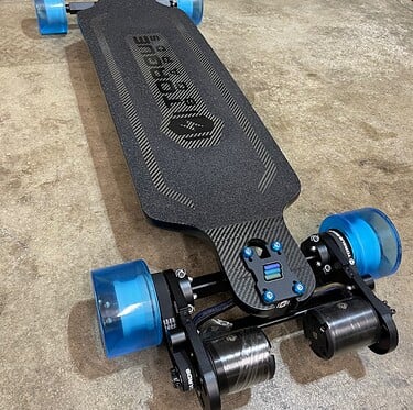 Electric skateboard with blue wheels