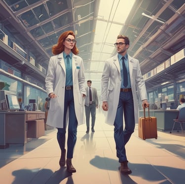 A researcher reviewing grant application documents in a cozy study filled with scientific books and notes.