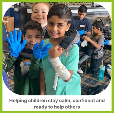 Boys in first aid gloves and bandages smiling after learning what to do if someone was bleeding