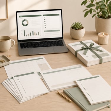 Bundle of planner pages tied with ribbon beside a laptop dashboard, representing better value digital template bundles.