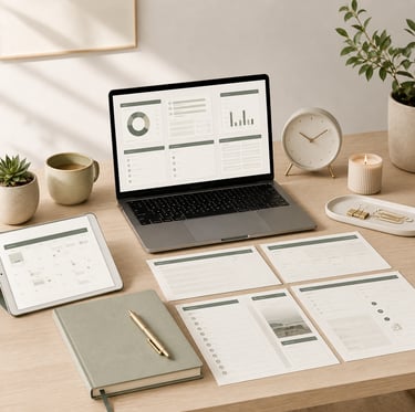 Coordinated digital planner setup with laptop, tablet, worksheets, and notebook representing a complete planning system.