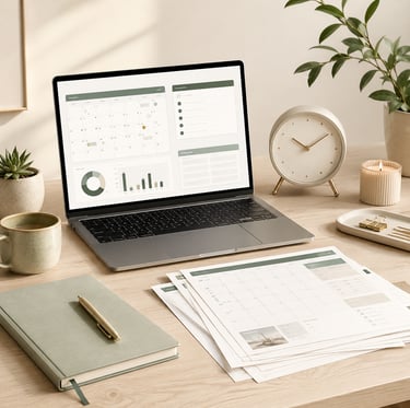 Organized desk with laptop dashboard, planner sheets, and clock representing time-saving digital planning tools.