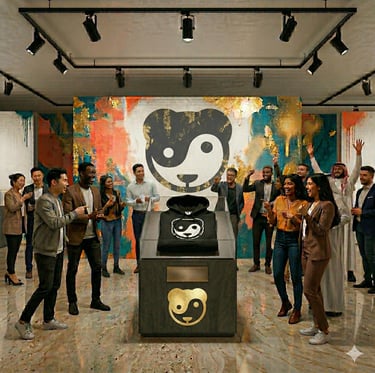 Diverse group of people celebrating at a modern luxury boutique launch for a pandgaea hoodie.