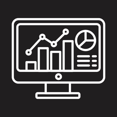 White line icon of a computer monitor displaying a data dashboard with charts and graphs on a black background.