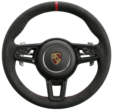 A black Alcantara Porsche steering wheel with red stitching and a 12 o'clock racing stripe.