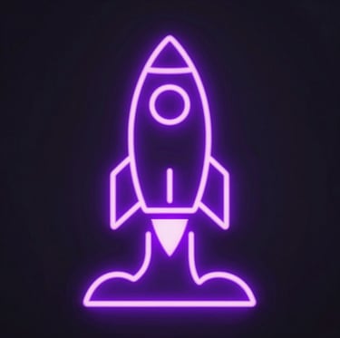 A glowing neon purple rocket icon lifting off against a dark background, symbolizing business growth and launch.