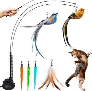 Cat Feather Toys, Cat Toys Wand, Interactive Cat Toy with Super Suction Cup