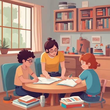 A cozy homeschooling nook with colorful books, a laptop open to educational websites, and a child happily engaged in learning.