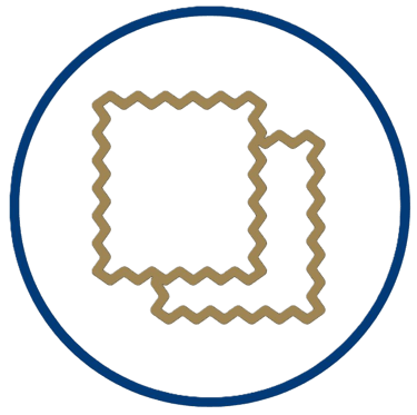 Icon showing textile fabric swatches with serrated pinking shear edges inside a blue circle.