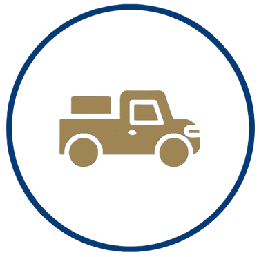 Gold pickup truck delivery icon inside a blue circular border on a black background.