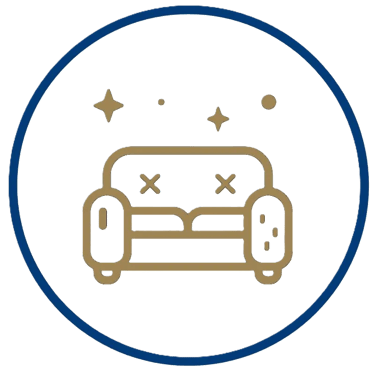 Gold sofa icon with sparkle elements for professional upholstery and furniture cleaning services.