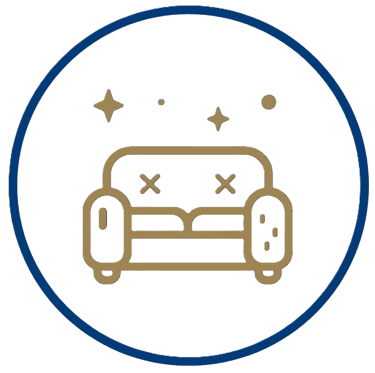 Gold sofa icon with sparkle elements for professional upholstery and furniture cleaning services.