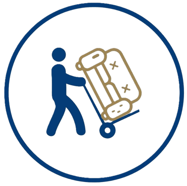 A blue icon of a mover using a hand truck to transport furniture for a professional moving service.
