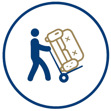 A blue icon of a mover using a hand truck to transport furniture for a professional moving service.