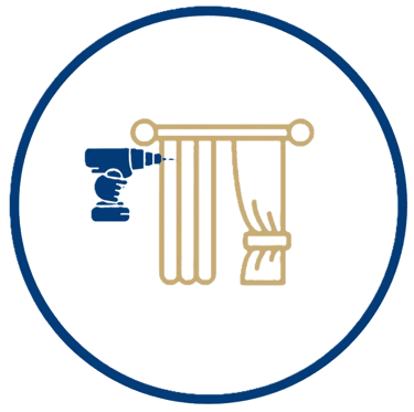 Icon showing professional curtain installation using a power drill on a curtain rod.