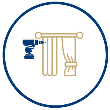 Icon showing professional curtain installation using a power drill on a curtain rod.