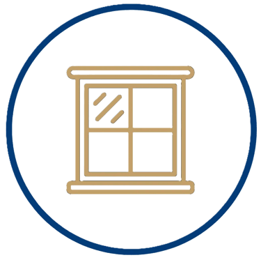Gold window icon with four panes in a blue circle for residential replacement services.