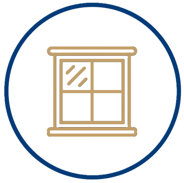 Gold window icon with four panes in a blue circle for residential replacement services.