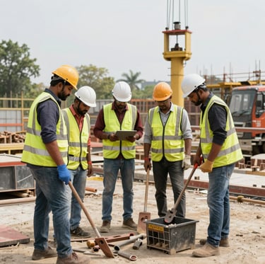 Construction workers silhouetted against the sky