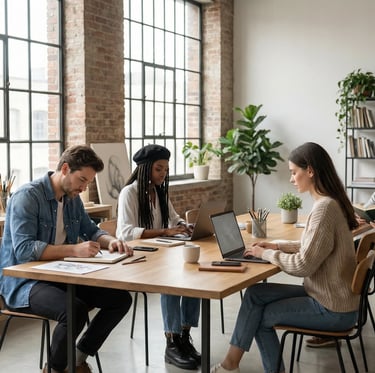 a group of people sitting at a table with laptops