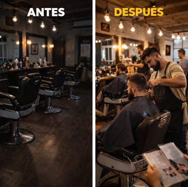 Before and after barbershop showing improved layout, lighting, and customer experience