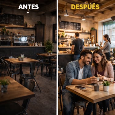 Before and after restaurant showing improved ambiance, design, and customer experience