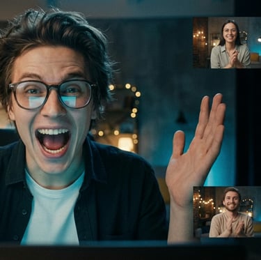 Excited man with glasses celebrating success during a group video call on a laptop screen.