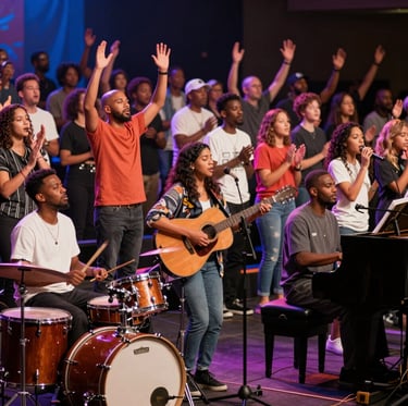 A warm, inviting photo of a diverse group gathered in fellowship, symbolizing faith and community.
