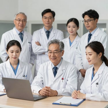A team of diverse Asian medical doctors and researchers collaborating around a laptop in a modern laboratory.