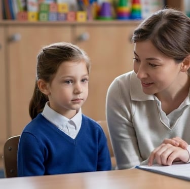 A school girl with selective mutism sits with a teacher at a desk in a classroom.