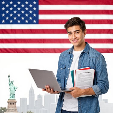 A friendly visa consultant assisting a young Indian student with paperwork in a bright, modern office.