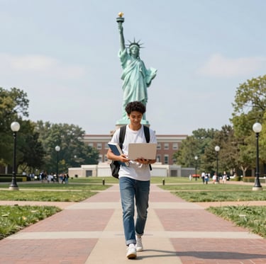 A friendly visa consultant assisting a young Indian student with paperwork in a bright, modern office.